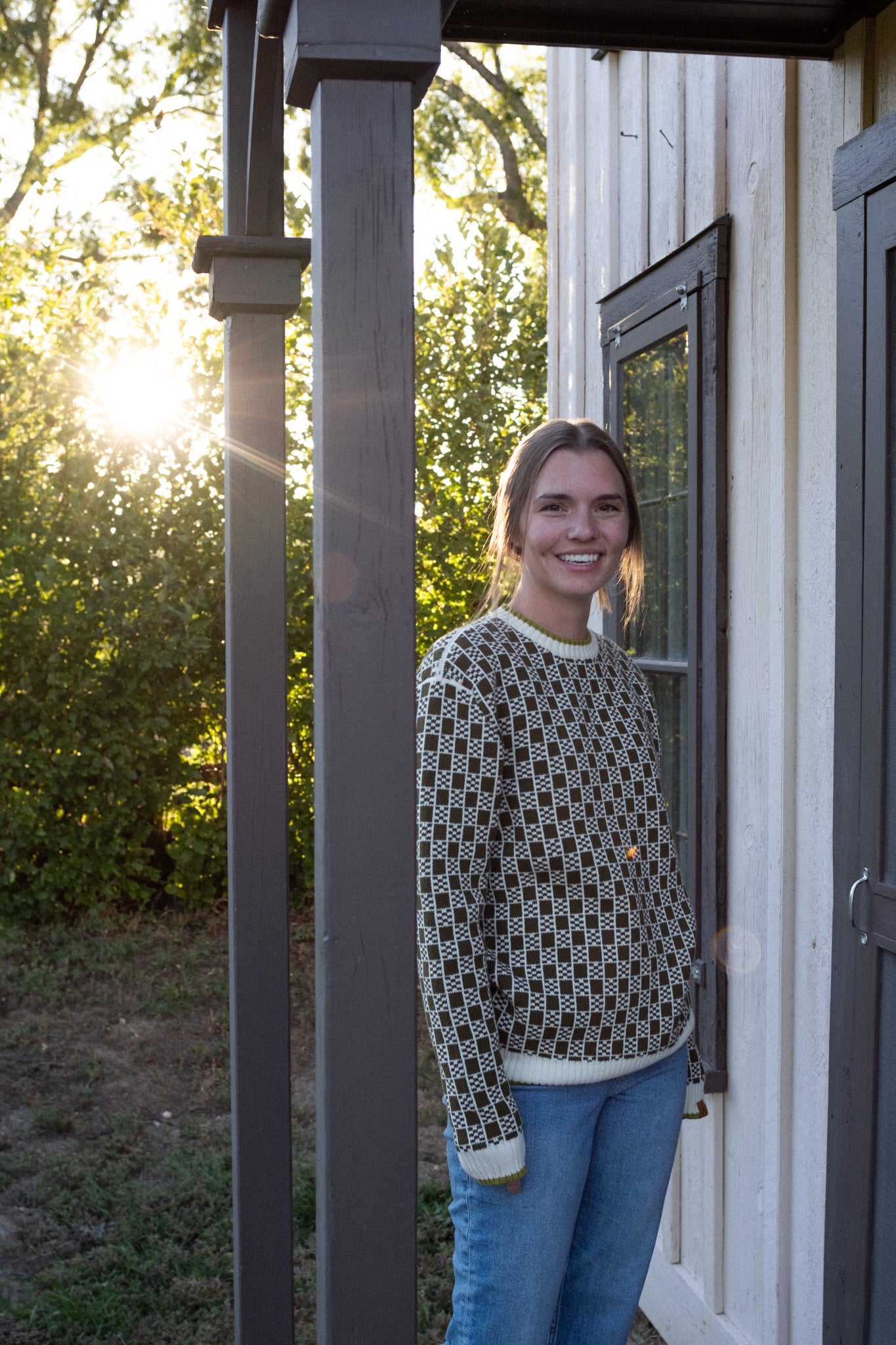Patterned Crew Sweater - Olive Green / Natural