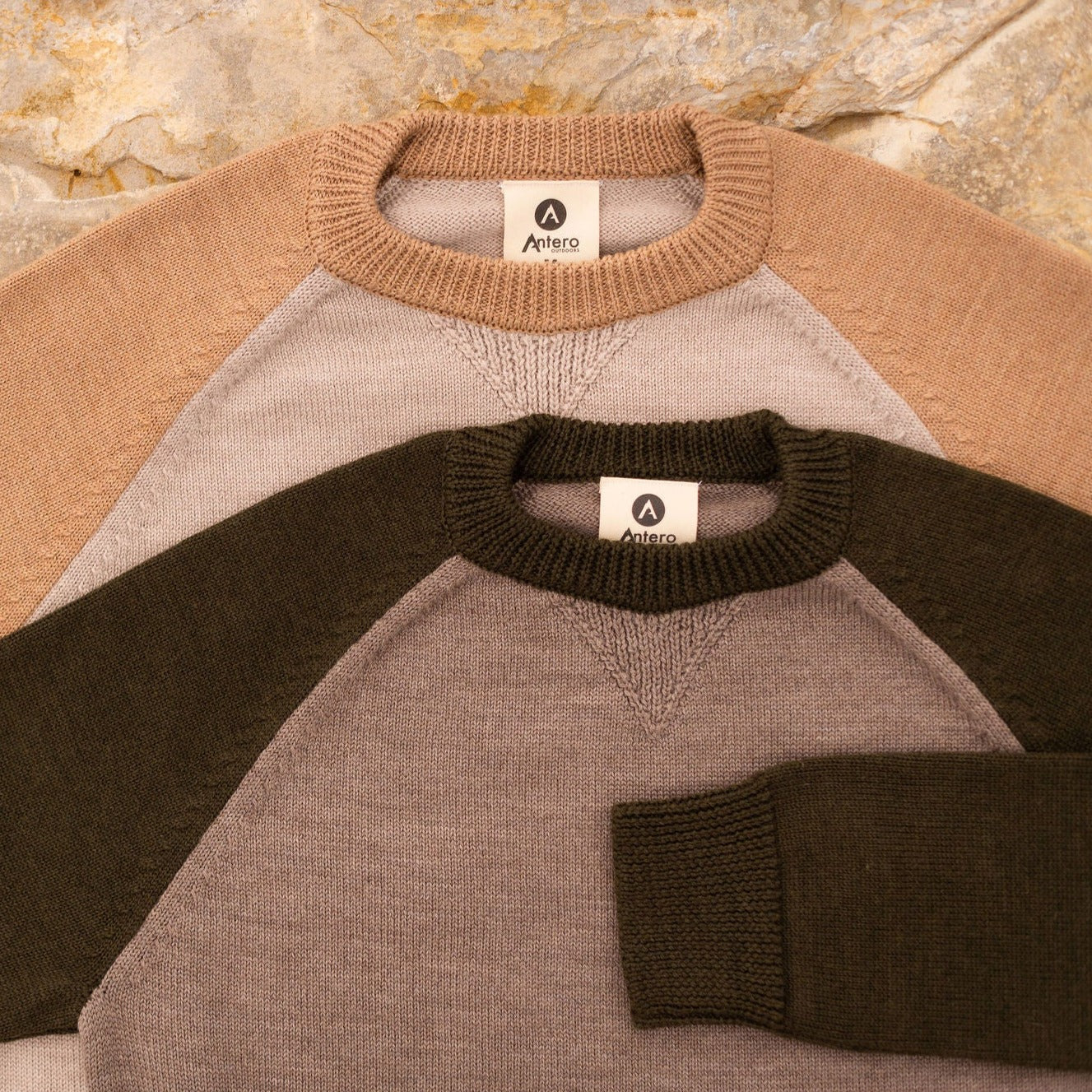 A comfortable classic in soft merino wool.  Knitted in the United States with fine Italian merino wool yarn.  The Colorado Sweater is sized unisex     Details  Made in the United States  100% merino wool  Classic fit / high crew neck  Contrast color raglan sleeve  2 colors:  sand/tan, olive/taupe  Unisex sizing