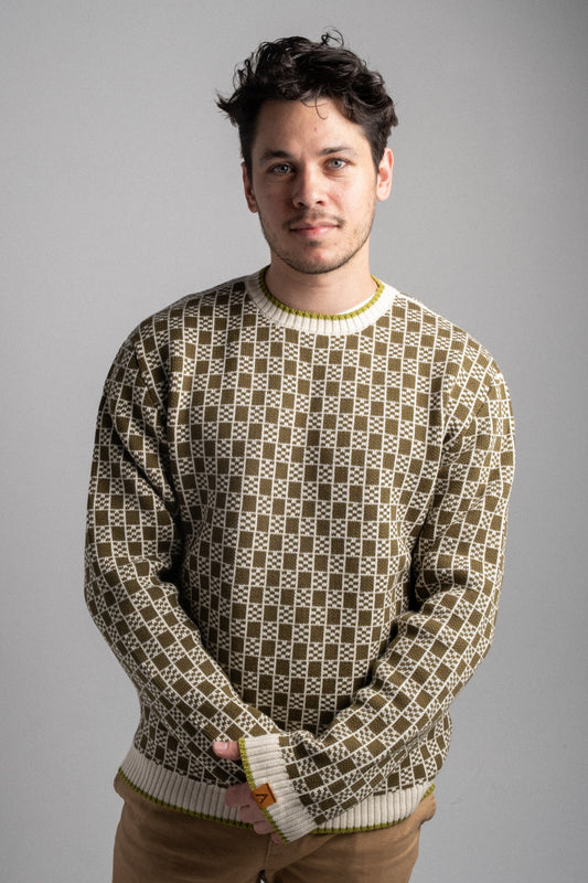 Patterned Crew Sweater-Olive Green / Natural