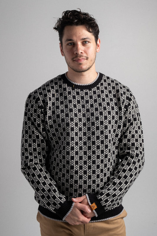 Patterned Crew Sweater-Black / Natural