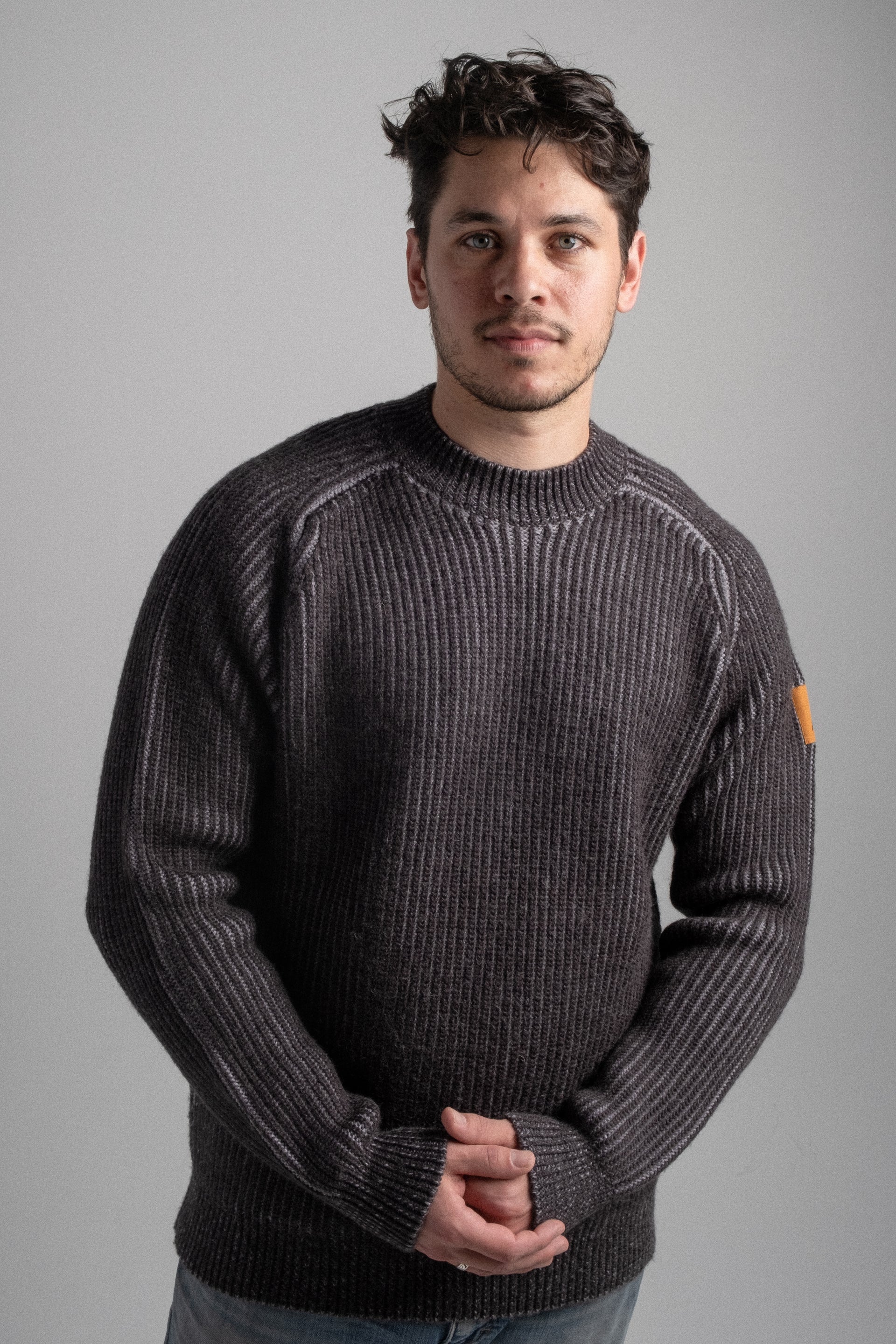Merino Wool Raglan Sweater with Elbow Patches - Charcoal - Men's