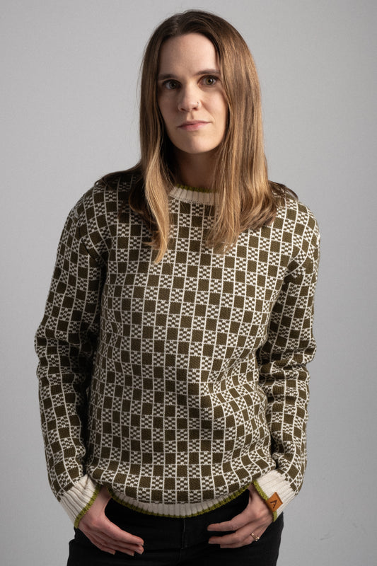 Patterned Crew Sweater - Olive Green / Natural