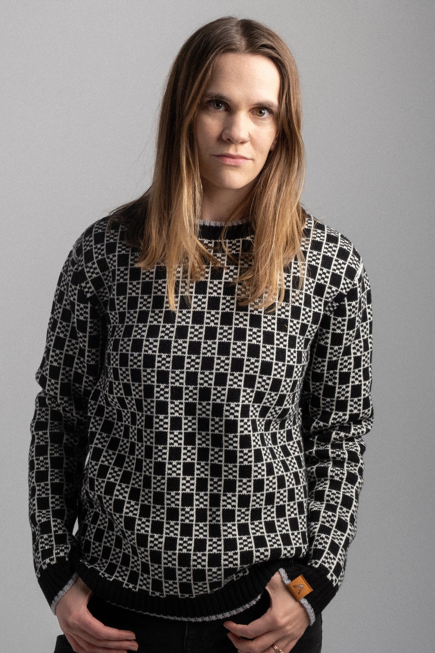 Patterned Crew Sweater - Black / Natural